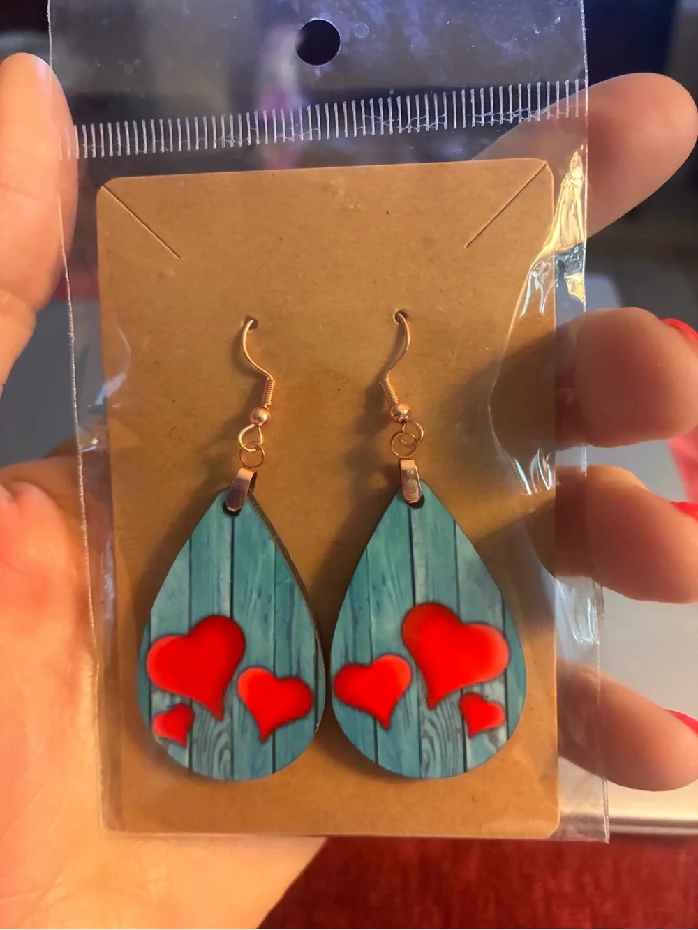 Teardrop Blue Wood Grain Earrings with Red Hearts